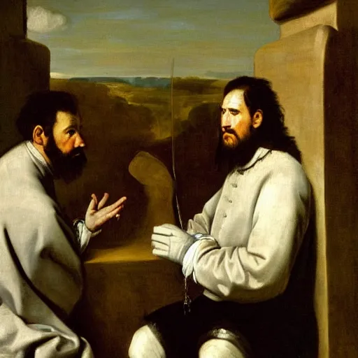 Image similar to francisco de miranda in the jail playing uno fine art, oil on canvas baroque style 1 6 5 6 by diego velasquez.