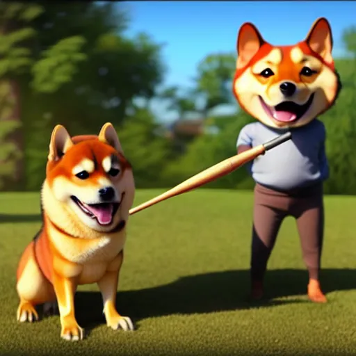 Prompt: weta disney pixar movie still photo of funny shiba inu with baseball bat : : shiba inu by pixar : : giant sign that says bonk : : by weta, greg rutkowski, wlop, ilya kuvshinov, rossdraws, artgerm, octane render, iridescent, bright morning, anime, liosh, mucha : :