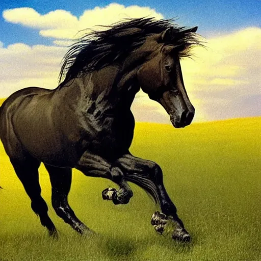 Image similar to A beautiful illustration of a horse. The horse is shown running through a field with a flowing mane and tail. The background is a peaceful blue sky. heliotrope by Mark Arian, by Herbert List