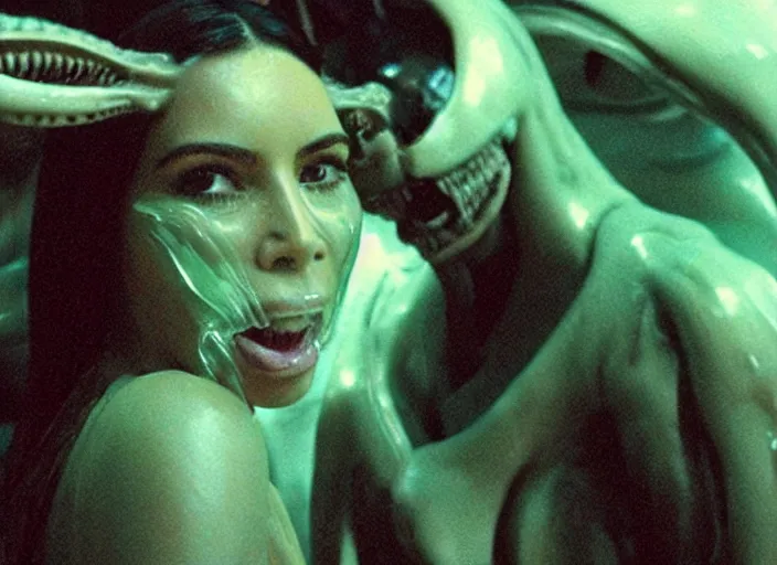 Image similar to film still of kim kardashian ingesting alien slime from the mouth of an xenomorph, transparent goo, transparent slime, saliva, 8 k
