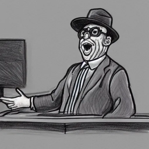 Image similar to court room drawing of the hamburglar testifying in court