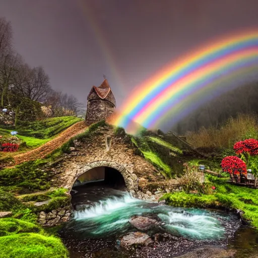 Image similar to spring festival at medieval hobbit village, ornate, beautiful, atmosphere, vibe, mist, smoke, fire, chimney, rain, wet, pristine, puddles, waterfall, melting, dripping, snow, creek, moss, ice, bridge, rainbow, cobble, forest, roses, flowers, color page, 4 k, contest winner