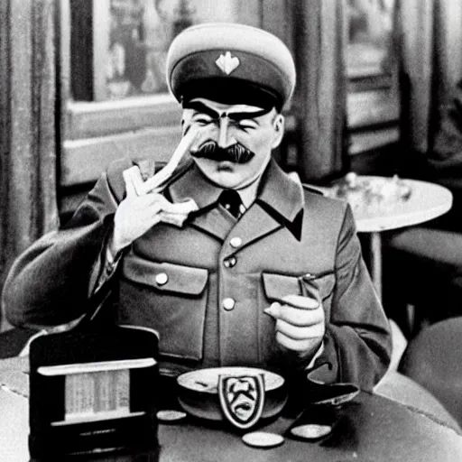 Image similar to joseph stalin enjoying a happy meal at mcdonald's