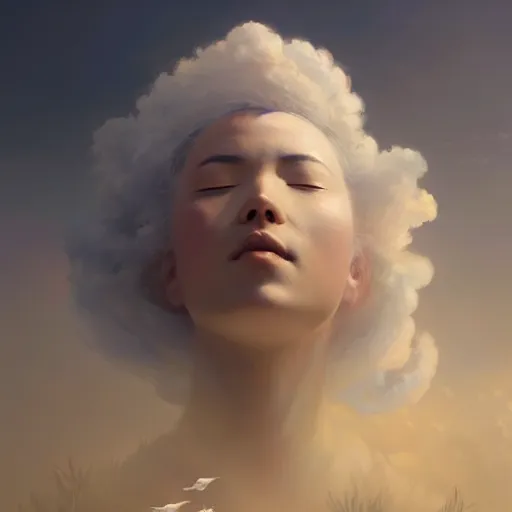 Image similar to a beautiful portrait of a cloud goddess with closed eyes, several birds flying in the sky, by Greg Rutkowski and Raymond Swanland, Trending on Artstation, ultra realistic digital art