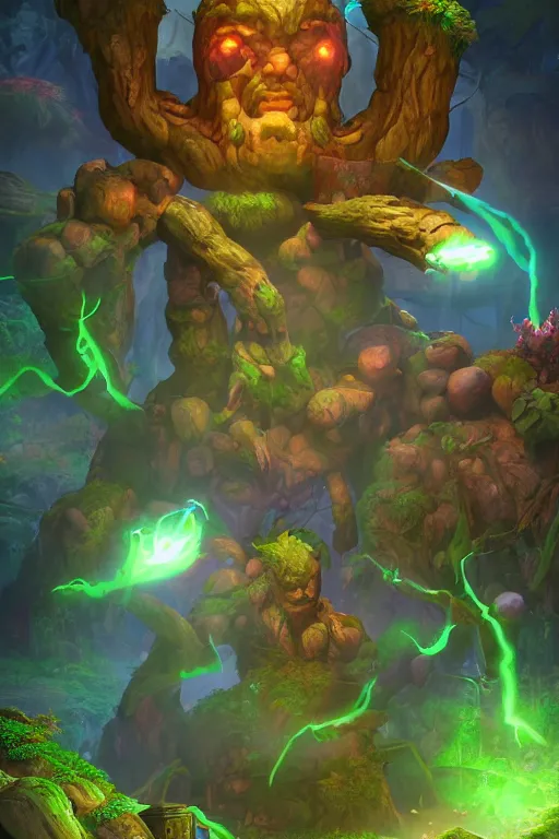 Image similar to arcane fantasy art giant golem elemental wood rock bastion forged gemstone enchanted forest troll, global illumination ray tracing hdr fanart arstation by sung choi and eric pfeiffer and gabriel garza and casper konefal lisa frank zbrush central hardmesh radiating a glowing aura