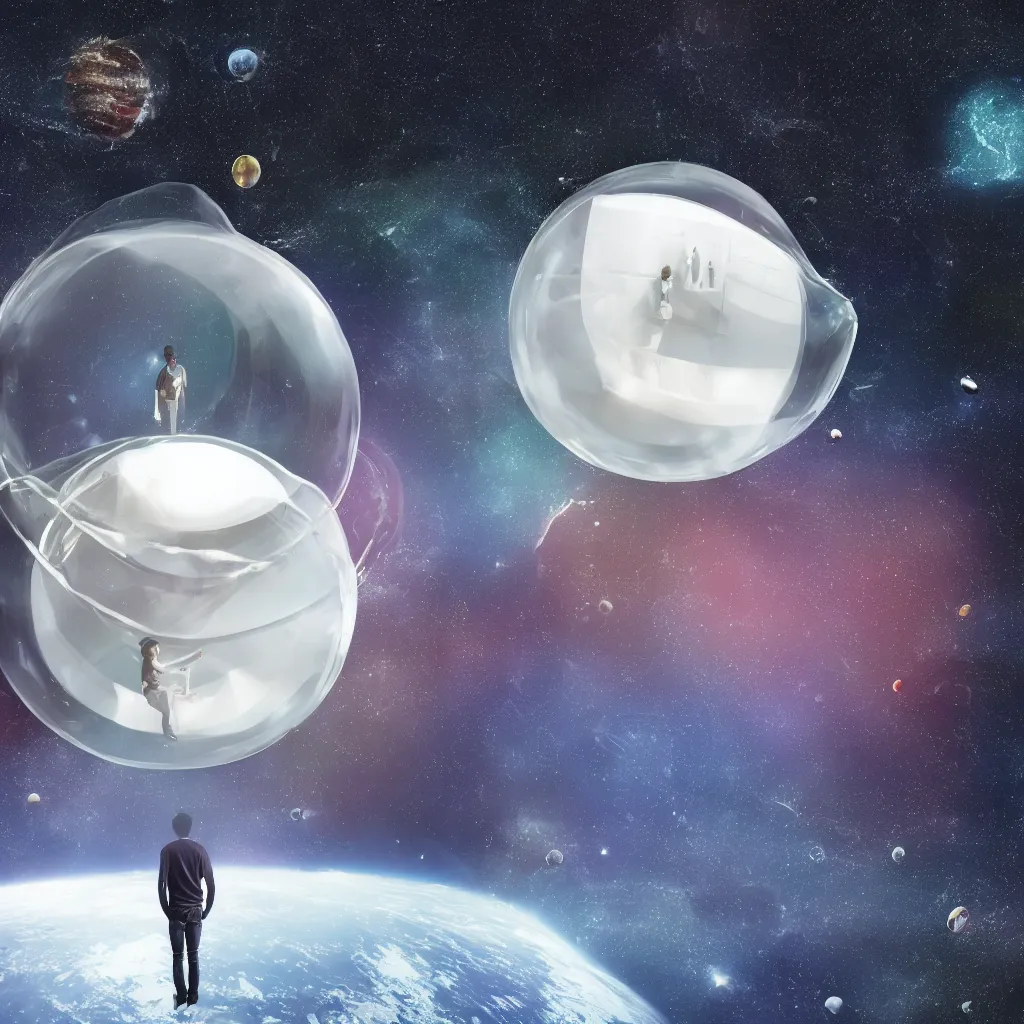 Image similar to a young man alone in an enormous transparent spherical capsule in the middle of outer space, digital art