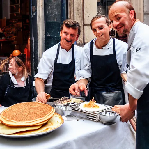 Image similar to Portrait of dutch chefs impressing impressing french people with pancakes in a street in Paris, by Steve McCurry and David Lazar, natural light, detailed face, CANON Eos C300, ƒ1.8, 35mm, 8K, medium-format print