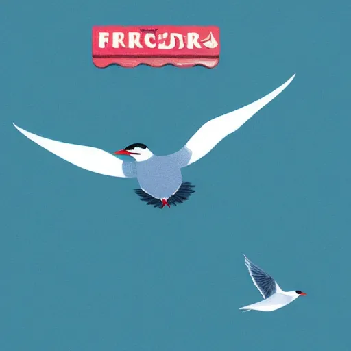 Image similar to A flying arctic tern holding french fries at the pier, blue background setting, illustration, storybook, Artstation