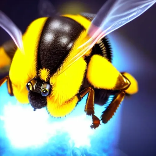 Image similar to still photo of bumblebee with fire in its eyes, insect photography, highly detailed, photorealistic portrait, bright studio setting, studio lighting, crisp quality and light reflections, unreal engine 5 quality render