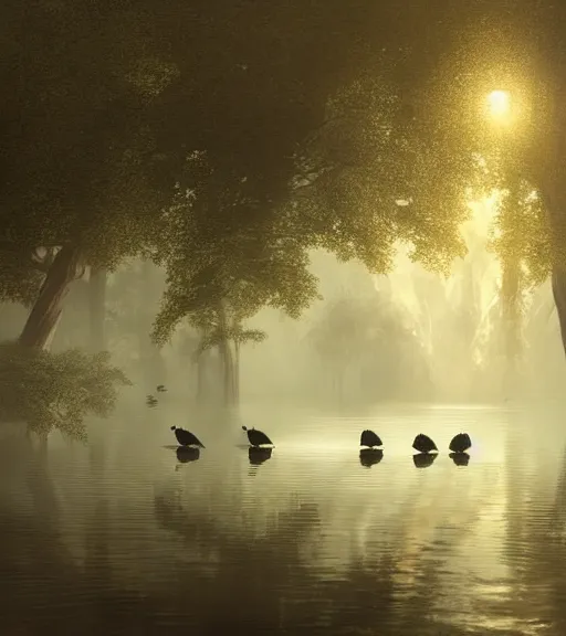 Image similar to three long legs long beak crows in a little boat in a swamp, volumetric lighting, majestic light, octane render, ethereal glare of the sun, hyperrealistic, epic, masterpiece, by greg rutkowski