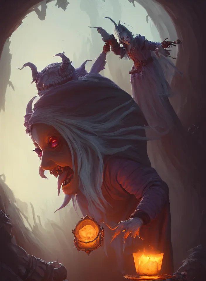 Image similar to terrible mad witch, the ghost of an old woman, cinematic view, by dom qwek, fish eye view, trending on polycount, artstation, 3 d hammer modeling, hd, vray, 8 k, sharp high quality artwork in style of greg rutkowski, concept art, blizzard warcraft artwork, hearthstone card artwork