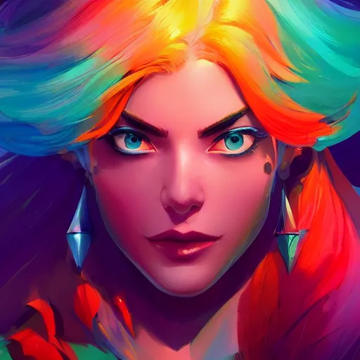 Image similar to beautiful woman with rainbow hair, maya ali mage, gloomhaven, dynamic lighting, gaudy colors, octane render aesthetic, matte painting concept art, official fanart behance hd artstation by jesper ejsing, by rhads and makoto shinkai and lois van baarle and ilya kuvshinov and rossdraws