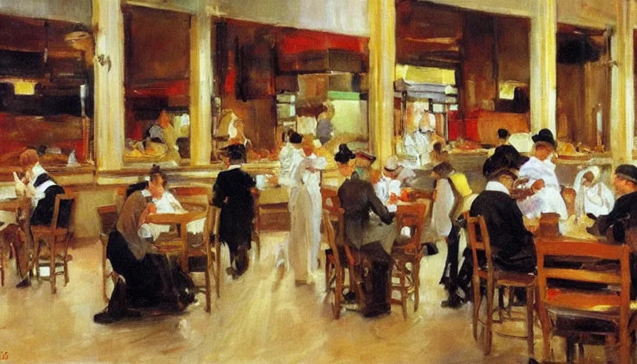 Prompt: a Busy mcdonalds interior with customers, painting by Joaquin Sorolla