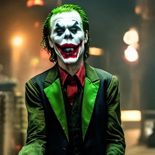 Prompt: film still of Kevin Bacon as joker in the new Joker movie