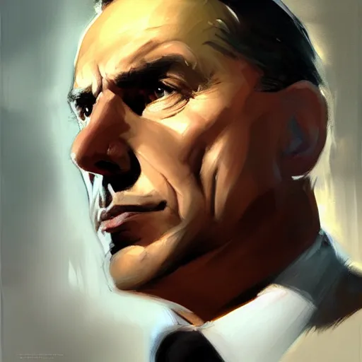 Prompt: Greg Manchess portrait painting of a medium athletic built business tycoon 50 year old caucasian character, soul patch, slick hair, sinister, medium shot, asymmetrical, profile picture, Organic Painting, dramatic light, matte painting, bold shapes, hard edges, street art, trending on artstation, by Huang Guangjian and Gil Elvgren and Sachin Teng