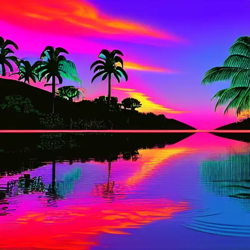 Prompt: A synthwave style sunset above the reflecting water of the sea, digital art