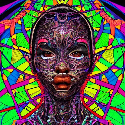 Image similar to the anatomical face of a ridiculously beautiful and pretty black woman partially made of onion rings of all colors looking up, an ultrafine detailed illustration by james jean, final fantasy, intricate linework, bright colors, behance contest winner, vanitas, angular, altermodern, unreal engine 5 highly rendered, global illumination, radiant light, detailed and intricate environment