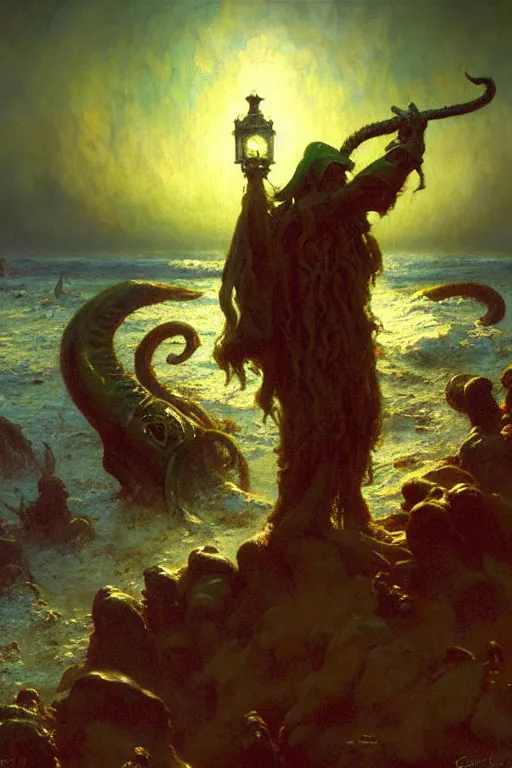 Prompt: the call of cthulhu painting by gaston bussiere, craig mullins