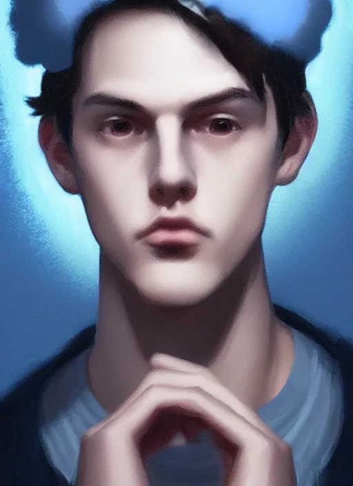 Image similar to portrait of teenage jughead jones wearing a light grey crown, crown, blue turtleneck, closed eyes, photorealistic, black hair, glowing lighting, intricate, elegant, glowing lights, highly detailed, digital painting, artstation, concept art, smooth, sharp focus, illustration, art by wlop, mars ravelo and greg rutkowski