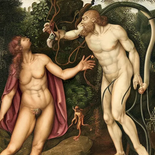 Image similar to Close-up of God being angry in the Garden of Eden. Adam and Eve look very guilty and the snake is leaving the scene quietly - anatomically correct, hyperrealistic