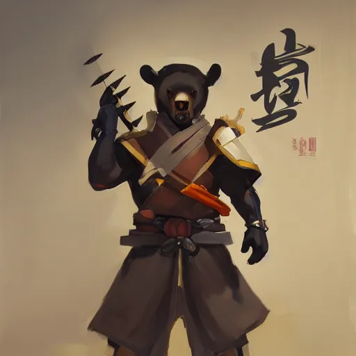 Prompt: greg manchess portrait painting of anthropomorphic asian black bear samurai as overwatch character, medium shot, asymmetrical, profile picture, organic painting, sunny day, matte painting, bold shapes, hard edges, street art, trending on artstation, by huang guangjian and gil elvgren and sachin teng