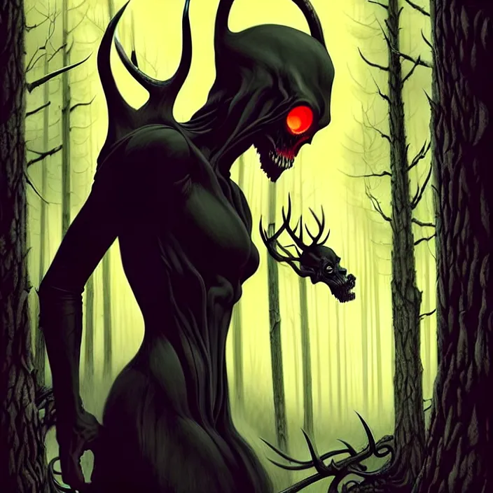 Image similar to style artgerm, joshua middleton, rafael albuquerque, gerald brom : : scary wendigo with antlers and skull face mixed with werewolf : : [ [ beautiful female witch wearing a black dress, yellow eyes, symmetrical face, on the right side ] ] : : in the forest, detailed, dark and foggy, cinematic lighting