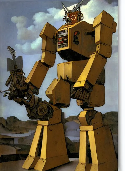 Prompt: mecha robot warrior by Johannes Vermeer and Moebius