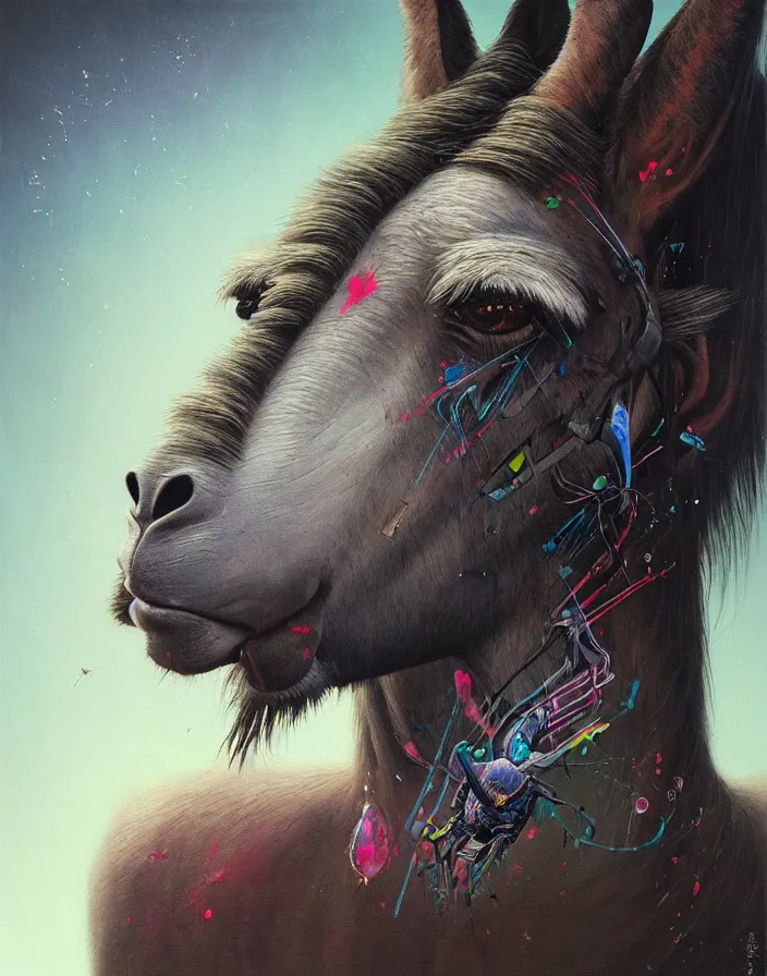 Prompt: art portrait of a crossbreed between a Donkey and a Bug, 8k,by tristan eaton,Stanley Artgermm,Tom Bagshaw,Greg Rutkowski,Carne Griffiths, Ayami Kojima, Beksinski, Giger,trending on DeviantArt,face enhance,hyper detailed,minimalist,cybernetic, android, blade runner,full of colour,