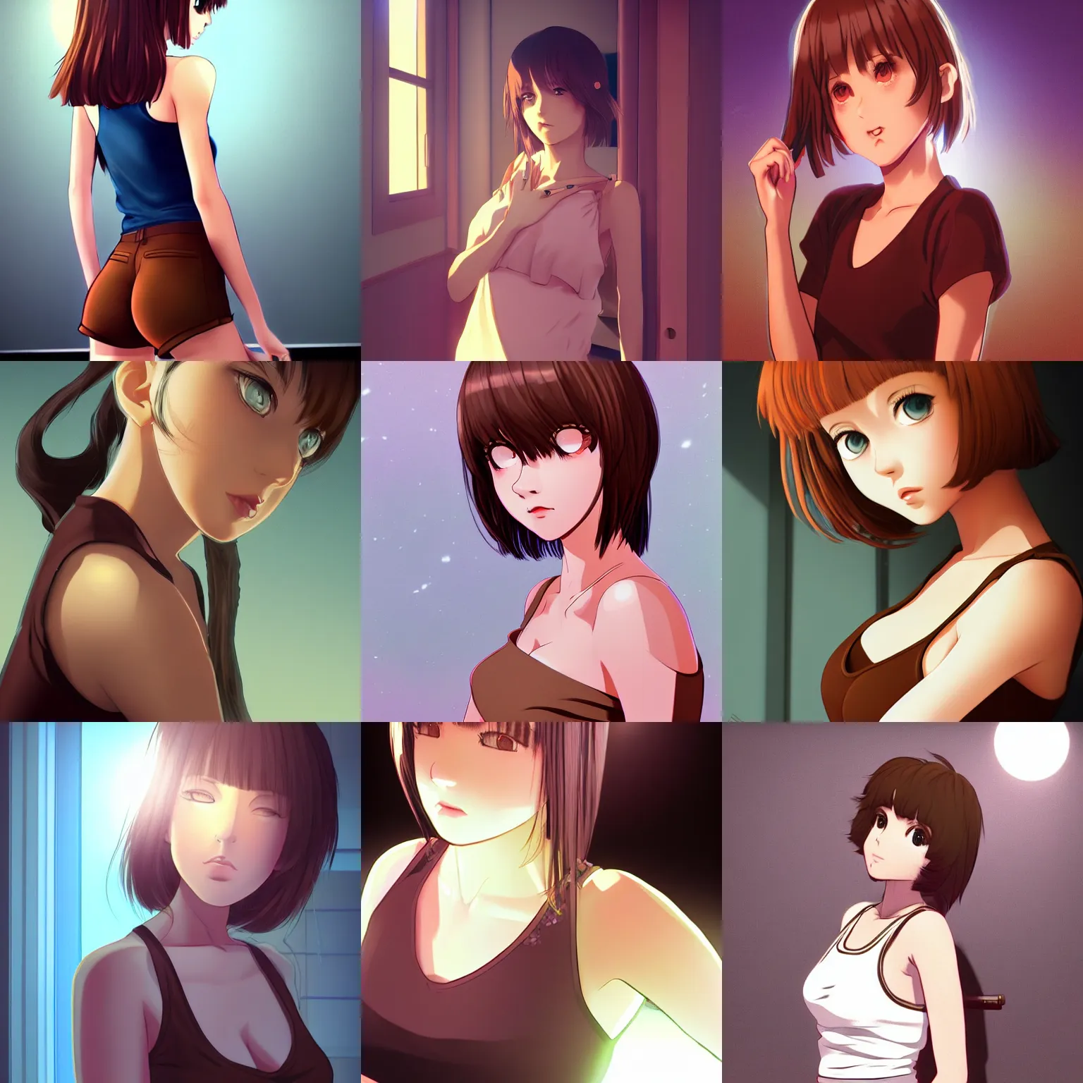 Prompt: girl standing in a moonlit room wearing tanktop with long brown brown and luscious lips, artstyle : high definition anime and ilya kuvshinov