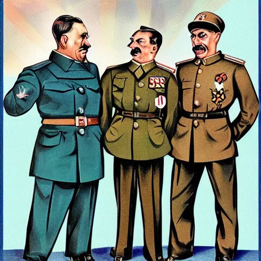 Prompt: leader of fascist hungary, viktor orban, adolf hitler and joseph stalin win farting contest together, soviet propaganda poster art from 1 9 4 4, colored, highly detailed illustration