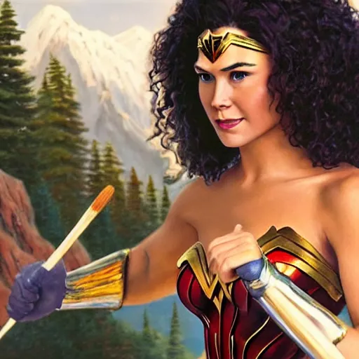 Image similar to a closeup photorealistic photograph of bob ross working on a canvas painting of wonder woman. film still. brightly lit scene. mountains and trees. this 4 k hd image is trending on artstation, featured on behance, well - rendered, extra crisp, features intricate detail, epic composition and the style of unreal engine.