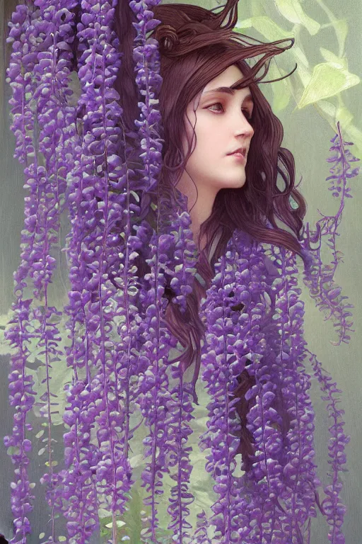 Image similar to Art Nouveau Wisteria plant isolated on a black background, D&D, fantasy, highly detailed, digital painting, artstation, concept art, sharp focus, illustration, art by artgerm and greg rutkowski and alphonse mucha