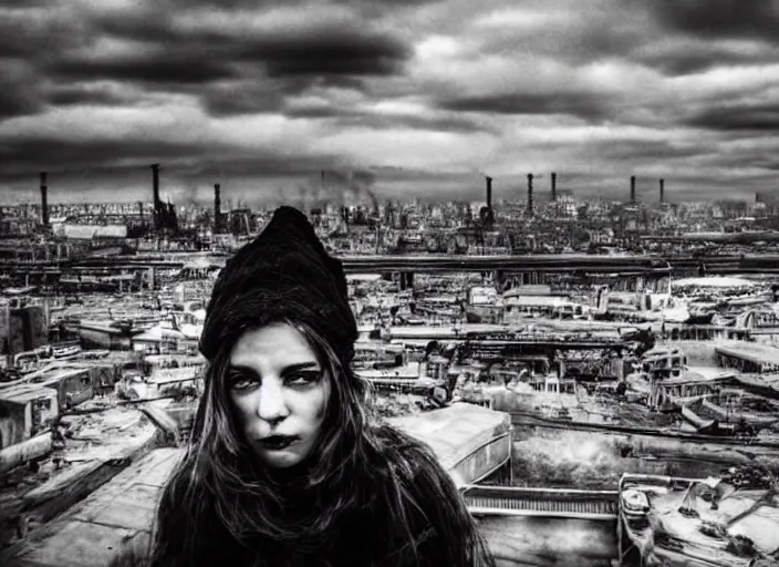 Image similar to mysterious sad rotten girl wrapped in smoke observing a big industrial city metropoli in the distance, cloudy sky, highly detailed, detailed face, intricate complexity, epic composition, magical atmosphere, cinematic lighting, masterpiece, color picture, ultra hd