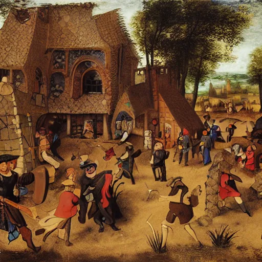 Image similar to adventuring party in eldritch ruins, fantasy, golden hour, in the style of pieter bruegel