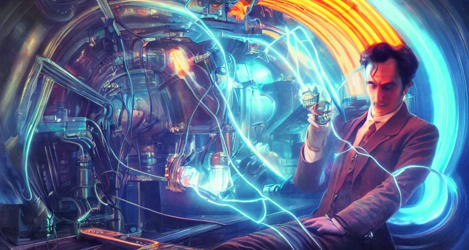 Image similar to nikolai tesla is caressed by bolts of electricity as he holds a vacuum tube, digital art, intricate, dramatic lighting, neon colors, cinematic, holographic runes, art by artgerm, greg rutkowski, rolf armstrong