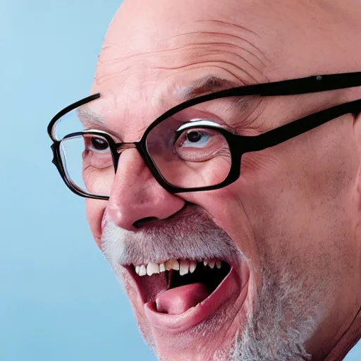 Prompt: mean bald old man with glasses screaming nonsense