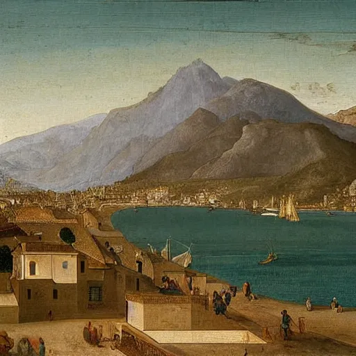 Image similar to oil painting of marbella city, beach in the foreground, mountains in the background, by leonardo da vinci