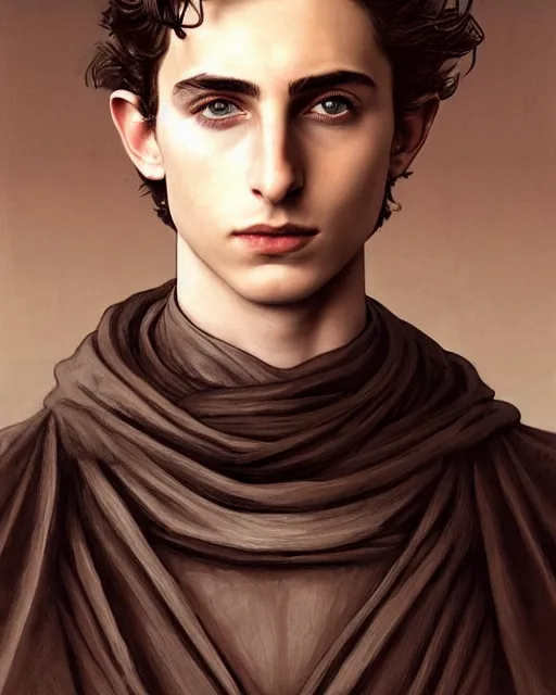 Image similar to beautiful paul atreides timothee chalamet with a three day beard, emperor of the known universe, completely blue eyes, perfect dramatic and dark portrait insanely detailed, concept art, deep focus, intricate, highly detailed, digital painting, artstation, matte, sharp focus, illustration, art by greg rutkowski and alphonse mucha, low angle, dominant eye