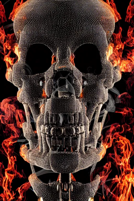 Image similar to detailed matte portrait of a t 8 0 0 endoskeleton shrouded in smoke and burning embers, intricate, elaborate, specular, chrome, reflection, chromatic aberration