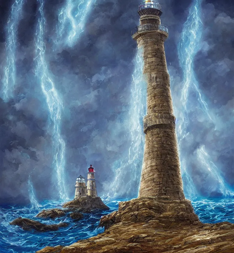 Image similar to medieval fantasy artwork. cliff with an ancient lighthouse on top. the lighthouse is enveloped by a column of blue swirling light. the sea at the bottom of the cliff ( rough sea ).