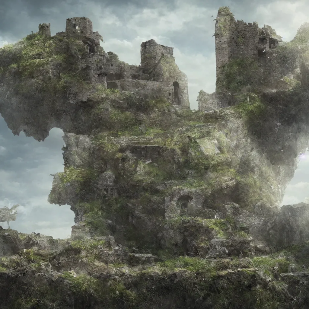 Image similar to looking up at a ruined castle on a small island only reachable by a small land bridge, 8 k, ultra realistic cinematic, intricate, cinematic light, concept art, illustration, art station