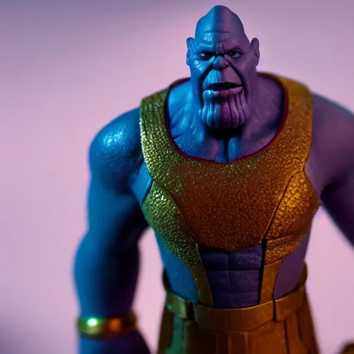 Image similar to a cinematic film still of a claymation stop motion film starring thanos, shallow depth of field, 8 0 mm, f 1. 8