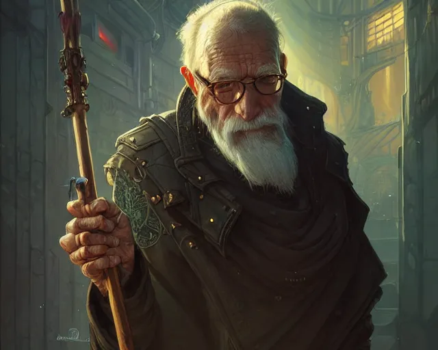 Image similar to old man with cyberpunk walking stick, deep focus, d & d, fantasy, intricate, elegant, highly detailed, digital painting, artstation, concept art, matte, sharp focus, illustration, hearthstone, art by artgerm and greg rutkowski and alphonse mucha