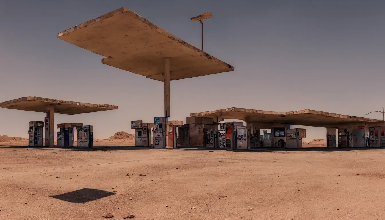 Image similar to abandoned gas station in middle of desert, ambient, futuristic, glowing, very detailed, colourfull, 4 k