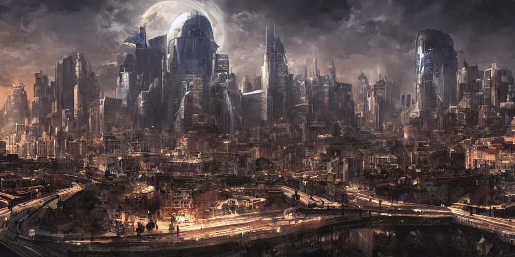 Prompt: futuristic roman empire cityscape with advanced technology, dark setting, 4 k, digital art