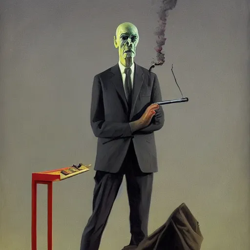 Prompt: Portrait of Dr. Nobody wearing a business suit smoking cigarette , very coherent, painted by Edward Hopper, Wayne Barlowe, painted by James Gilleard, airbrush, art by JamesJean