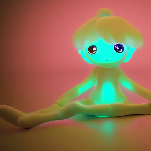 Image similar to cute fumo plush girl who has bioluminescent eyes, jelly glow, refractive bssrdf, neon lens flare, vray