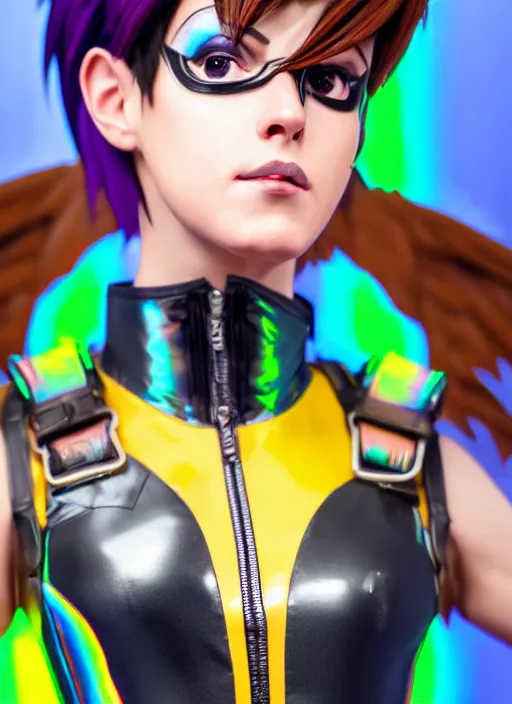 Image similar to portrait bust digital artwork of tracer overwatch, wearing iridescent rainbow latex and leather straps catsuit outfit, 4 k, expressive happy whistling face, makeup, in style of mark arian, angel wings, wearing detailed leather collar, chains, black leather harness, detailed face and eyes,