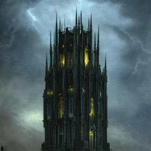 Image similar to an ultra detailed tarot card of a lonely and impossibly tall ominous gothic dark tower elevated high above the city, in a river elevated high above the city, fantasy capital city, ultrawide lense, aerial photography, scary thunderstorm, light fog, volumetric lighting, exquisite detail, 8 k, art by greg rutkowski and alphonse mucha