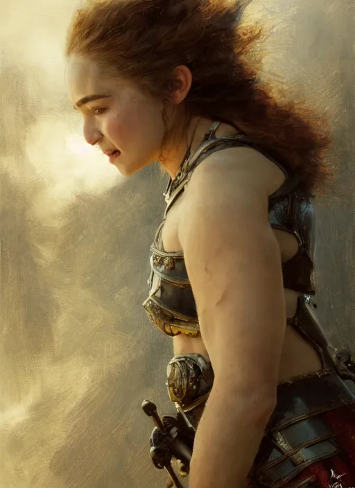 Image similar to short muscular woman wearing thick medieval armour, emilia clarke, detailed by gaston bussiere, bayard wu, greg rutkowski, maxim verehin, greg rutkowski, masterpiece, sharp focus, cinematic lightning